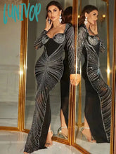 Lunivop Top Quality Women Luxury Sexy Long Sleeve Diamonds Black Maxi Gowns Celebrity Elegant